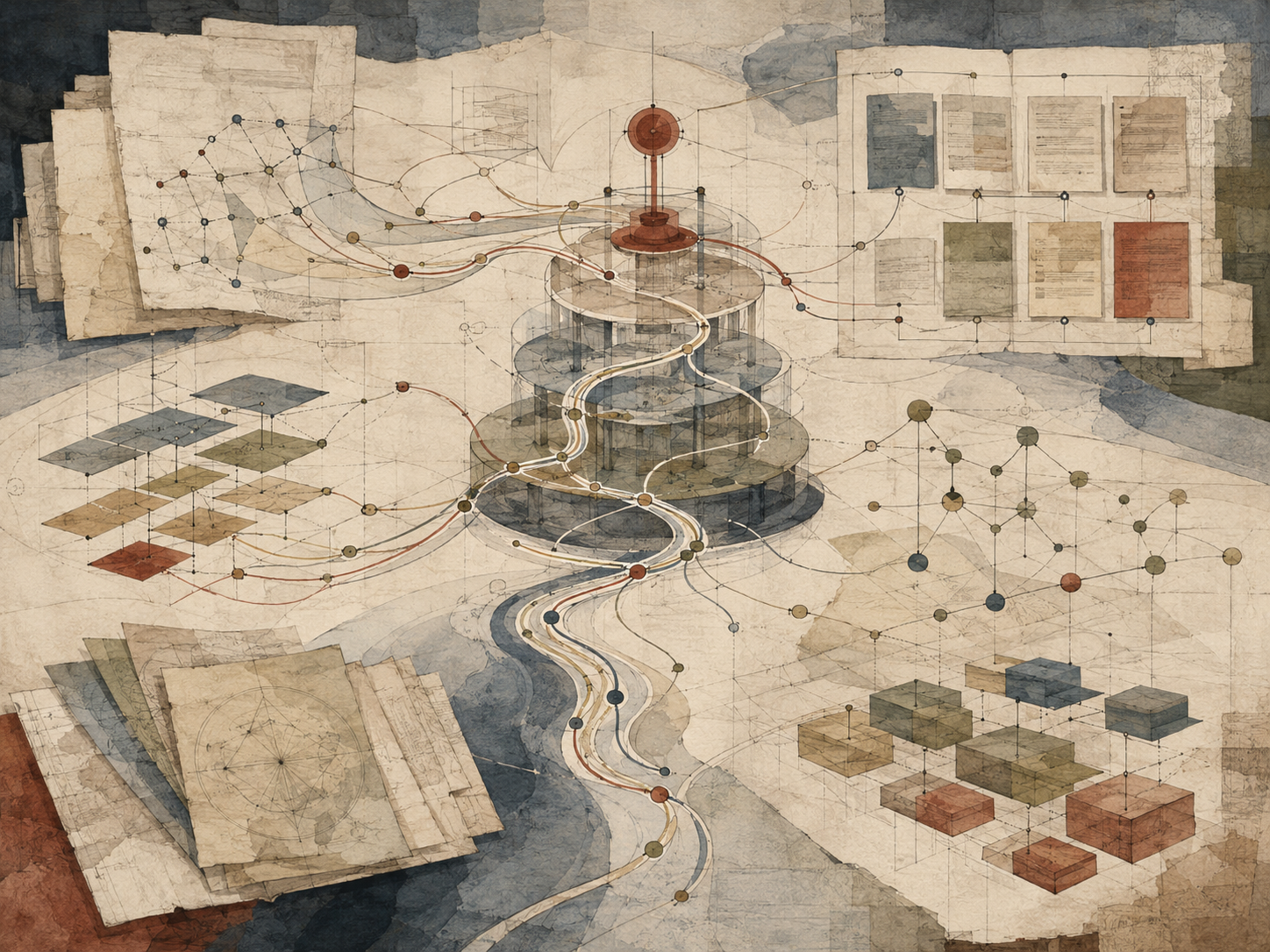 Abstract institutional illustration of winding narrative pathways connecting layered documents, modular knowledge blocks, network diagrams, and archival maps.