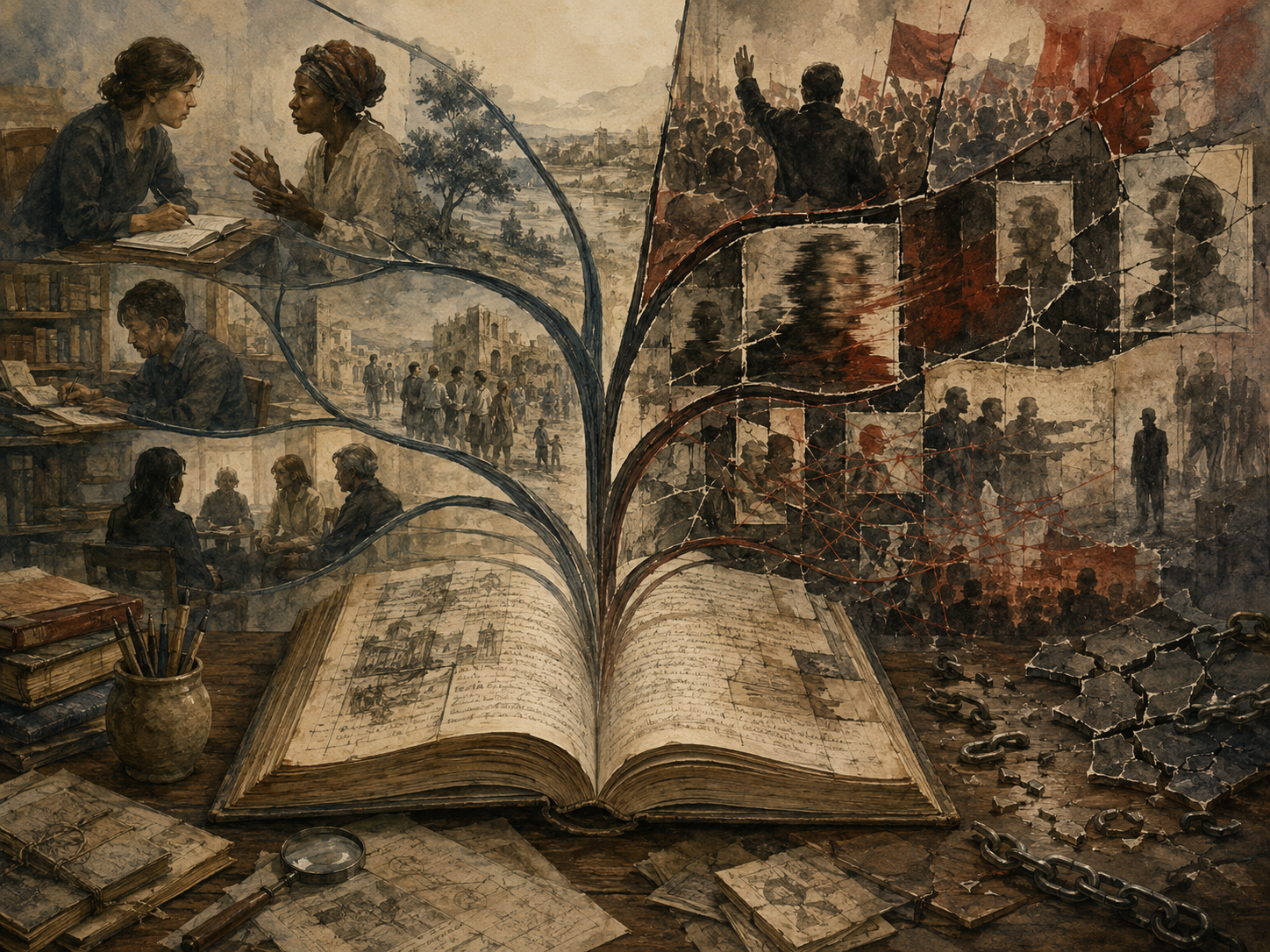 Editorial illustration of an open manuscript split between careful testimony and distorted narrative manipulation, with fragmented images, crowds, chains, and red warning threads.