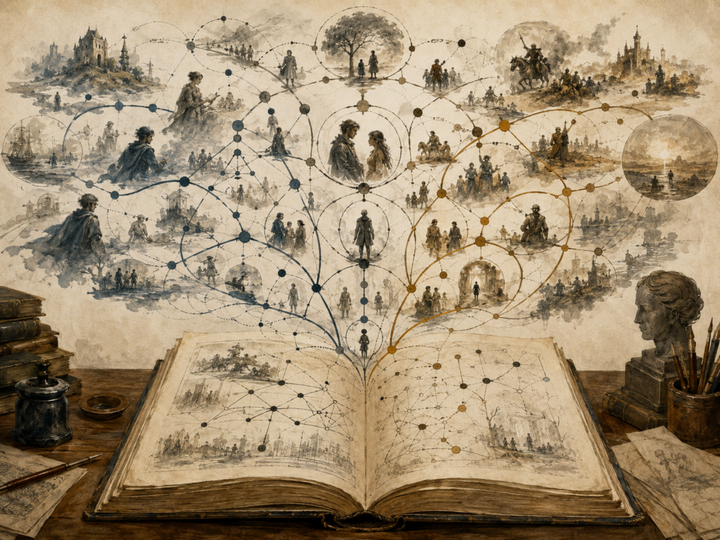 Editorial illustration of an open manuscript branching into connected story scenes, character arcs, pathways, nodes, and narrative system diagrams.