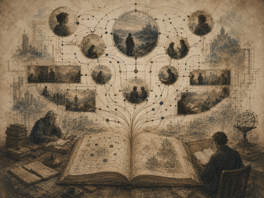 Editorial illustration of an open archival manuscript unfolding into connected narrative scenes, circular vignettes, readers, writers, and diagrammatic pathways of story structure.
