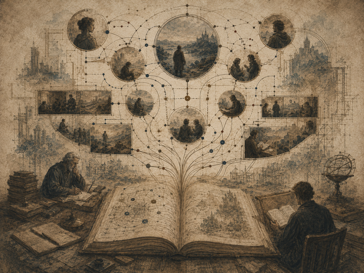 Editorial illustration of an open archival manuscript unfolding into connected narrative scenes, circular vignettes, readers, writers, and diagrammatic pathways of story structure.