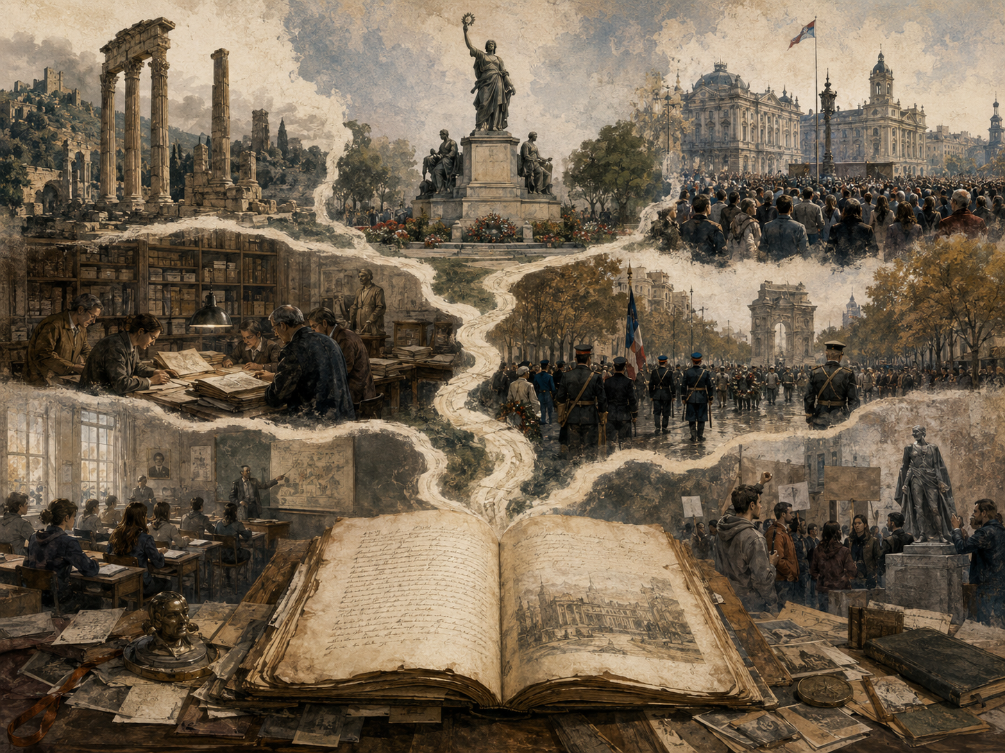 Editorial illustration of an open manuscript connecting scenes of monuments, archives, classrooms, public ceremonies, civic crowds, ruins, and contested historical memory.