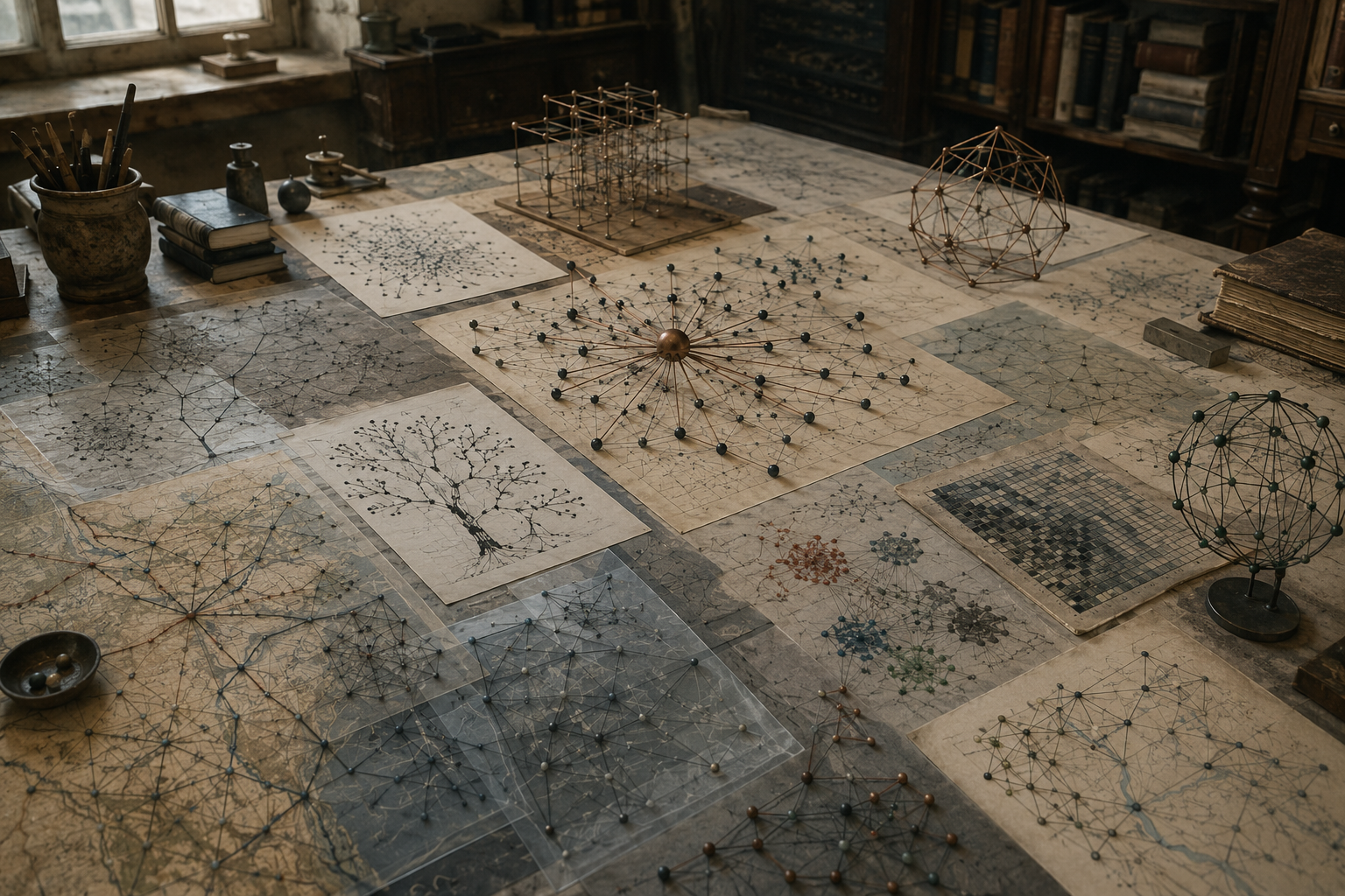 Editorial illustration of a scholarly workspace filled with network diagrams, graph maps, node-link structures, lattice models, and three-dimensional wireframe network forms.