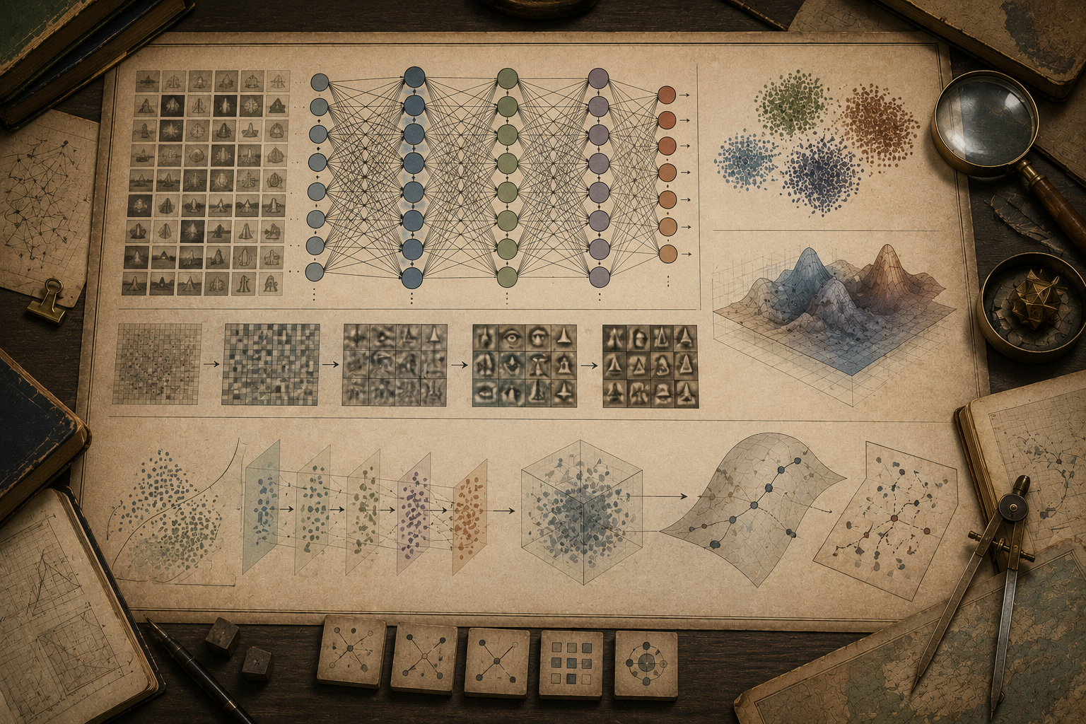 A restrained scholarly illustration of a vintage research desk with neural-network structures, layered transformations, feature grids, clustered representations, latent-space diagrams, notebooks, rulers, and archival tools representing neural networks and representation learning without readable text.