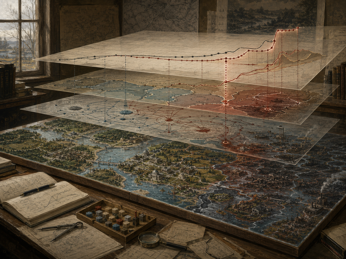 Layered systems model on a research table with mapped landscapes, feedback pathways, tipping-point markers, nonlinear curves, shifting system zones, and abrupt transition patterns.