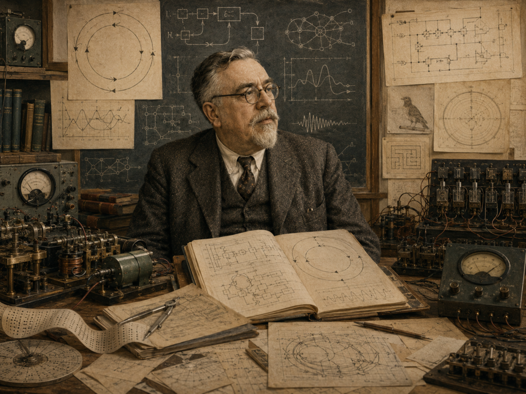 A restrained scholarly illustration of Norbert Wiener in a mid-century research workspace with feedback loops, control diagrams, oscillation curves, circuit equipment, notebooks, chalkboard structures, and scientific instruments representing cybernetics and feedback in computation.