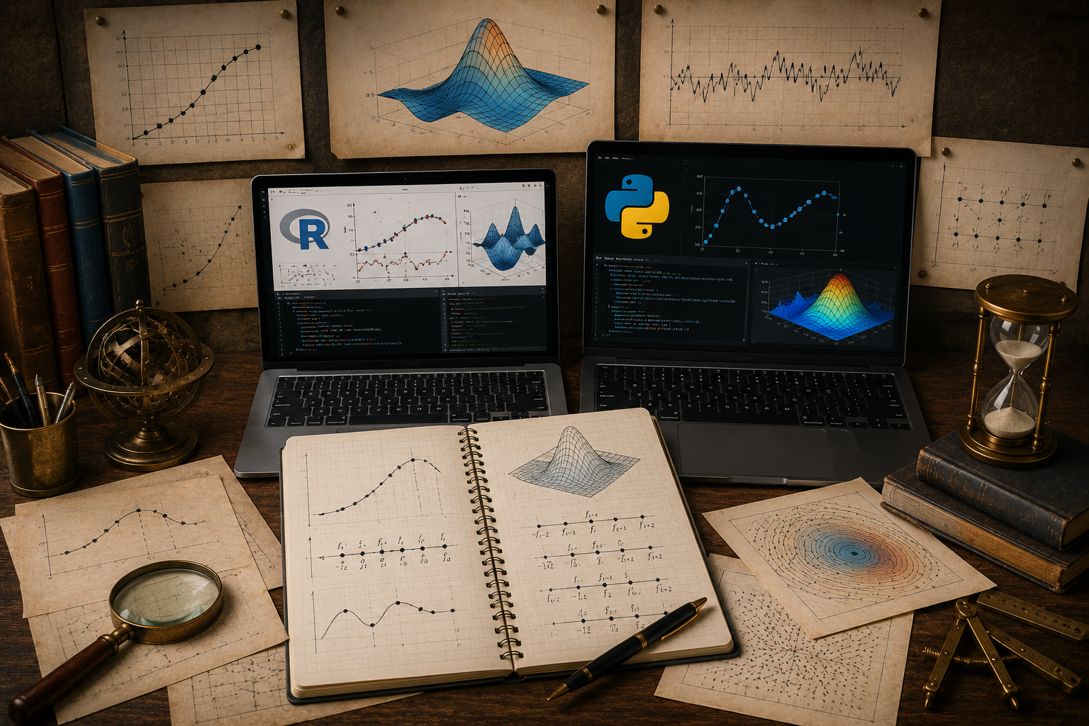 Editorial mathematical illustration of numerical differentiation for systems modeling, showing sampled data points, tangent approximations, finite-difference stencils, derivative estimates, time-step comparisons, noisy signals, computational grids, notebooks, overlays, and modeling materials.