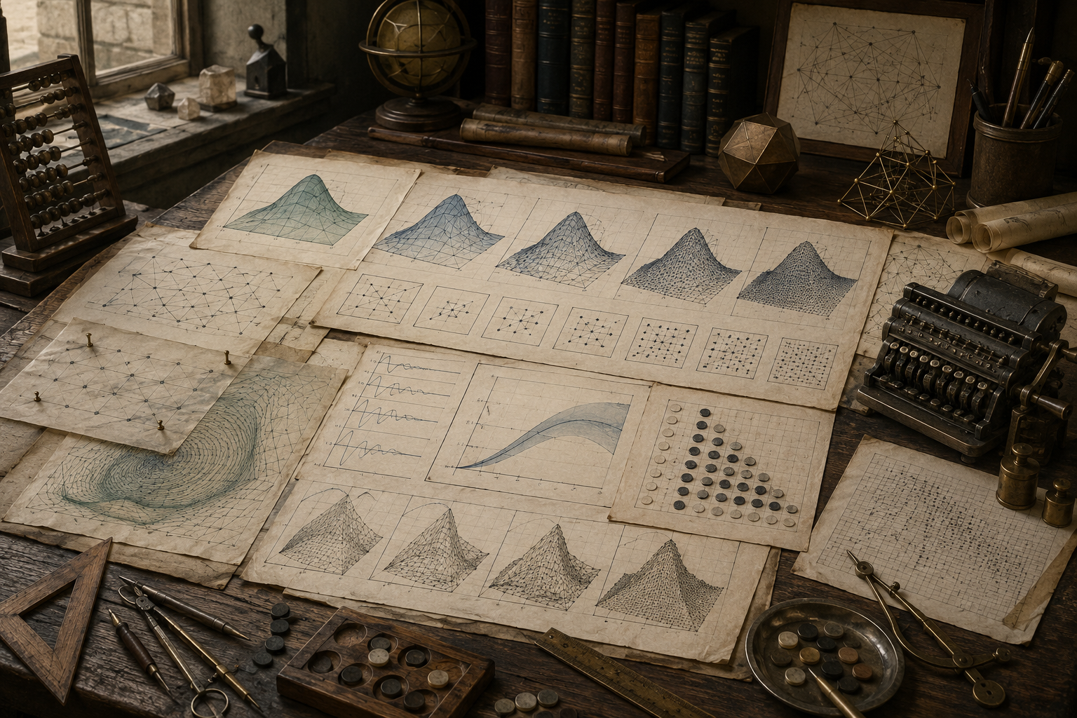 Editorial illustration of a scholarly mathematical workspace with iterative grids, refined surface approximations, matrix layouts, convergence plots, counters, and a mechanical calculator.