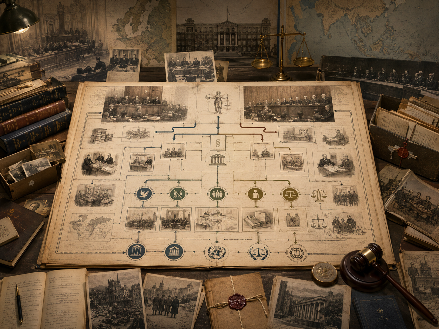 Scholarly illustration of an international criminal justice archive with historical tribunal scenes, legal diagrams, maps of Europe and Asia, evidence files, scales, treaty volumes, and a gavel.