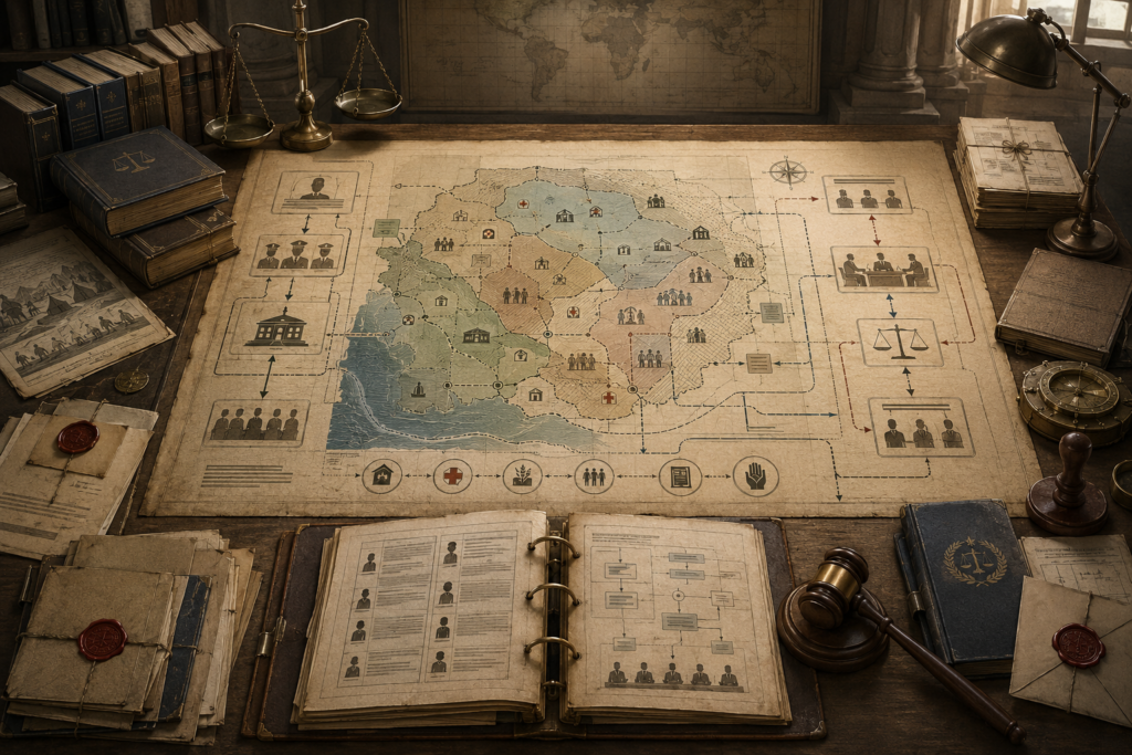 Scholarly illustration of an occupation-law dossier with a mapped war-torn territory, administrative zones, humanitarian routes, detention-review pathways, legal files, scales, maps, and archival records.