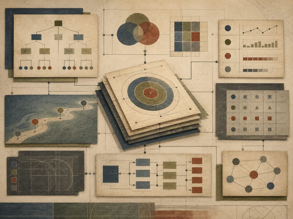 Restrained editorial illustration of OKRs, KPIs, and measurement frameworks with objectives, indicators, baselines, targets, dashboards, evidence records, and governance review pathways without text or labels.