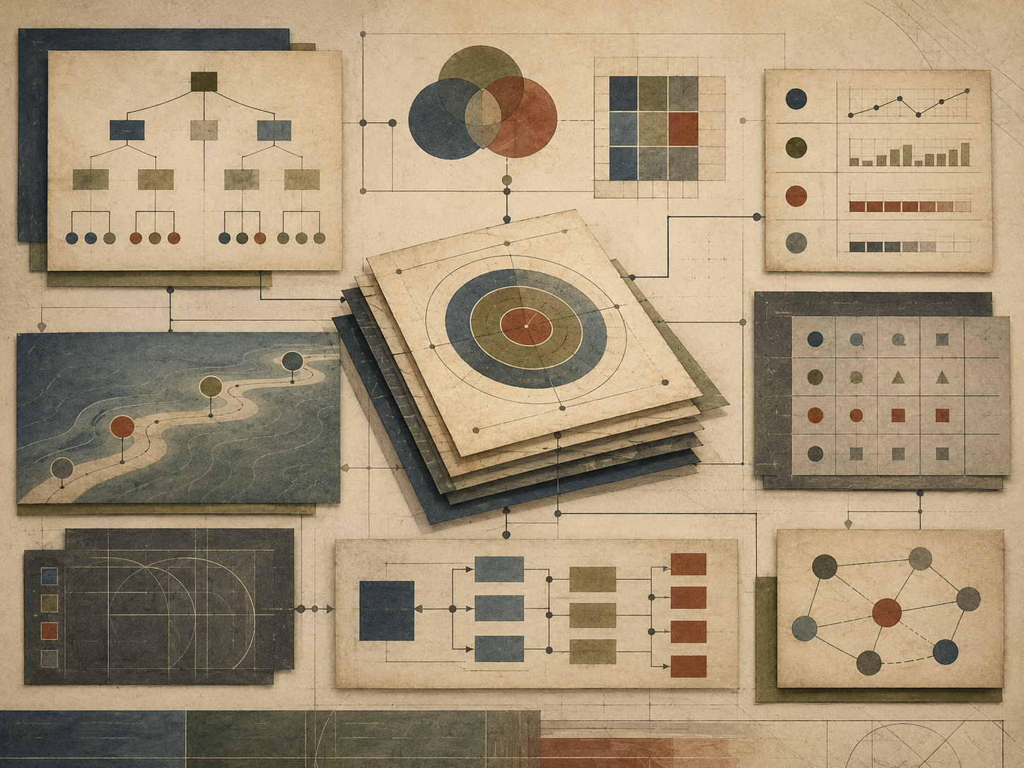 Restrained editorial illustration of OKRs, KPIs, and measurement frameworks with objectives, indicators, baselines, targets, dashboards, evidence records, and governance review pathways without text or labels.