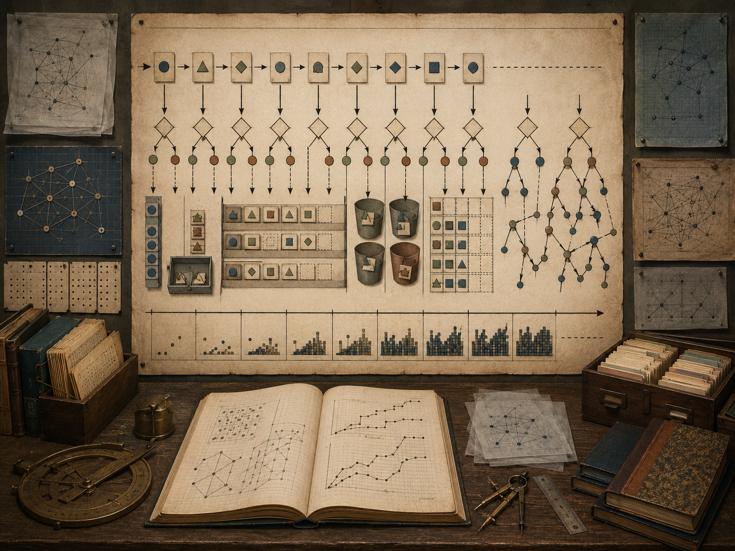 A restrained scholarly illustration of a vintage algorithm research workspace with sequential arrivals, decision branches, queues, bins, grids, timelines, notebooks, and archival diagrams representing online algorithms and decisions made as inputs arrive.
