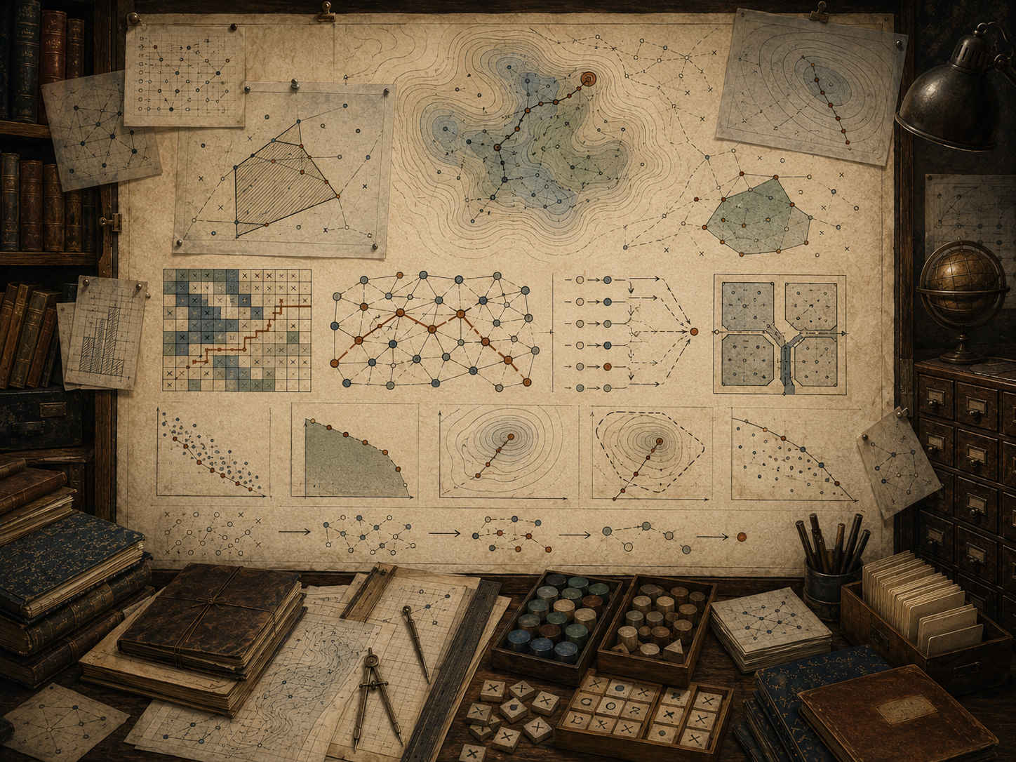 A restrained scholarly illustration of a vintage research workspace with contour maps, feasible regions, constraint boundaries, search paths, network diagrams, objective landscapes, notebooks, rulers, and archival tools representing optimization.