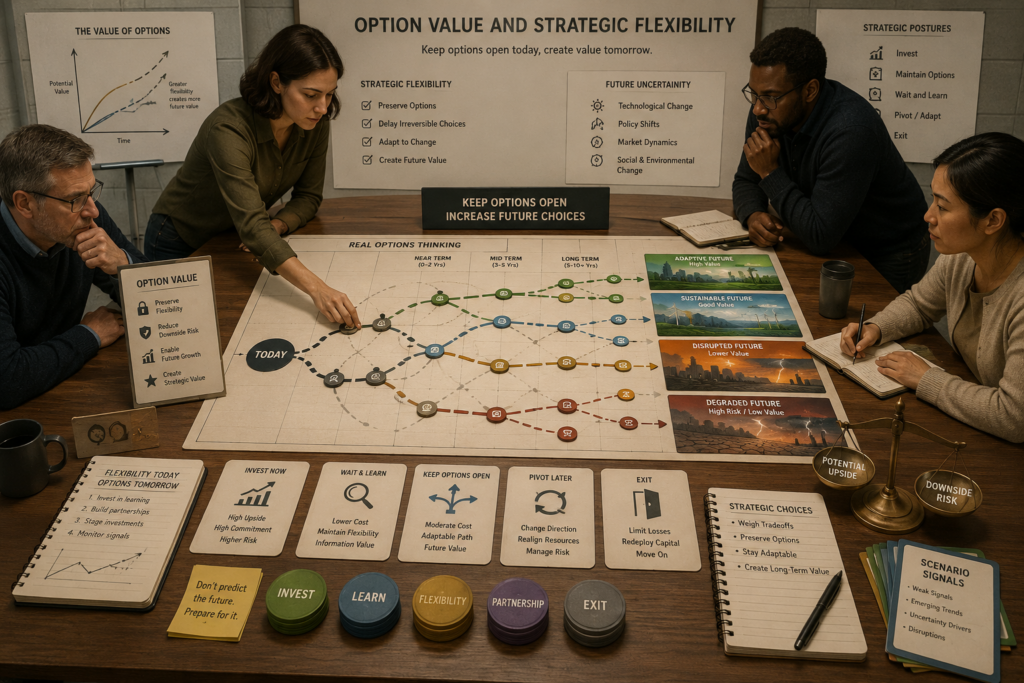 Strategists examine branching future pathways, scenario cards, option tokens, trade-off scales, and decision routes on a planning table.