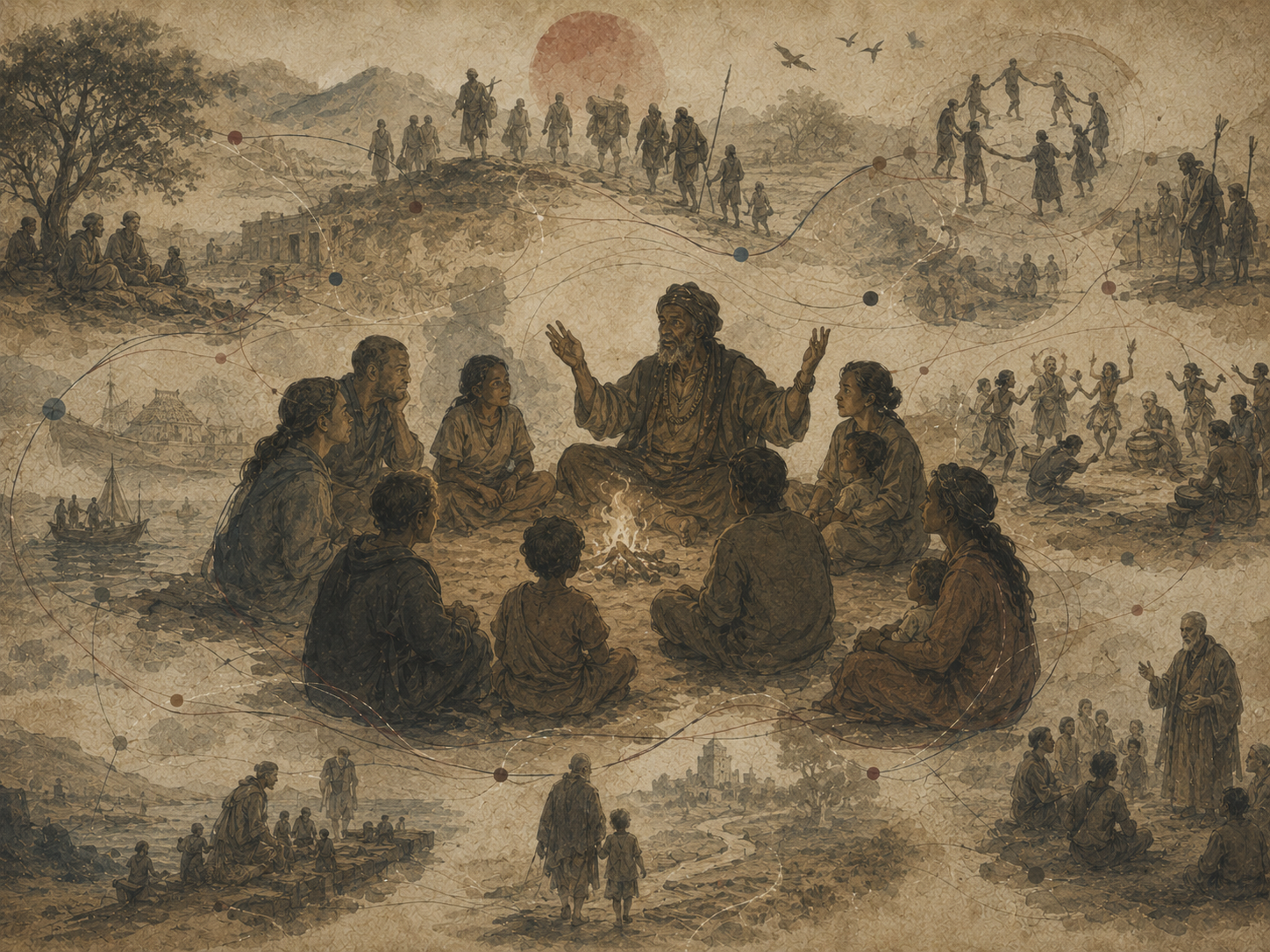 Editorial illustration of a storyteller speaking around a fire to a circle of listeners, surrounded by scenes of ritual, migration, teaching, and communal memory.