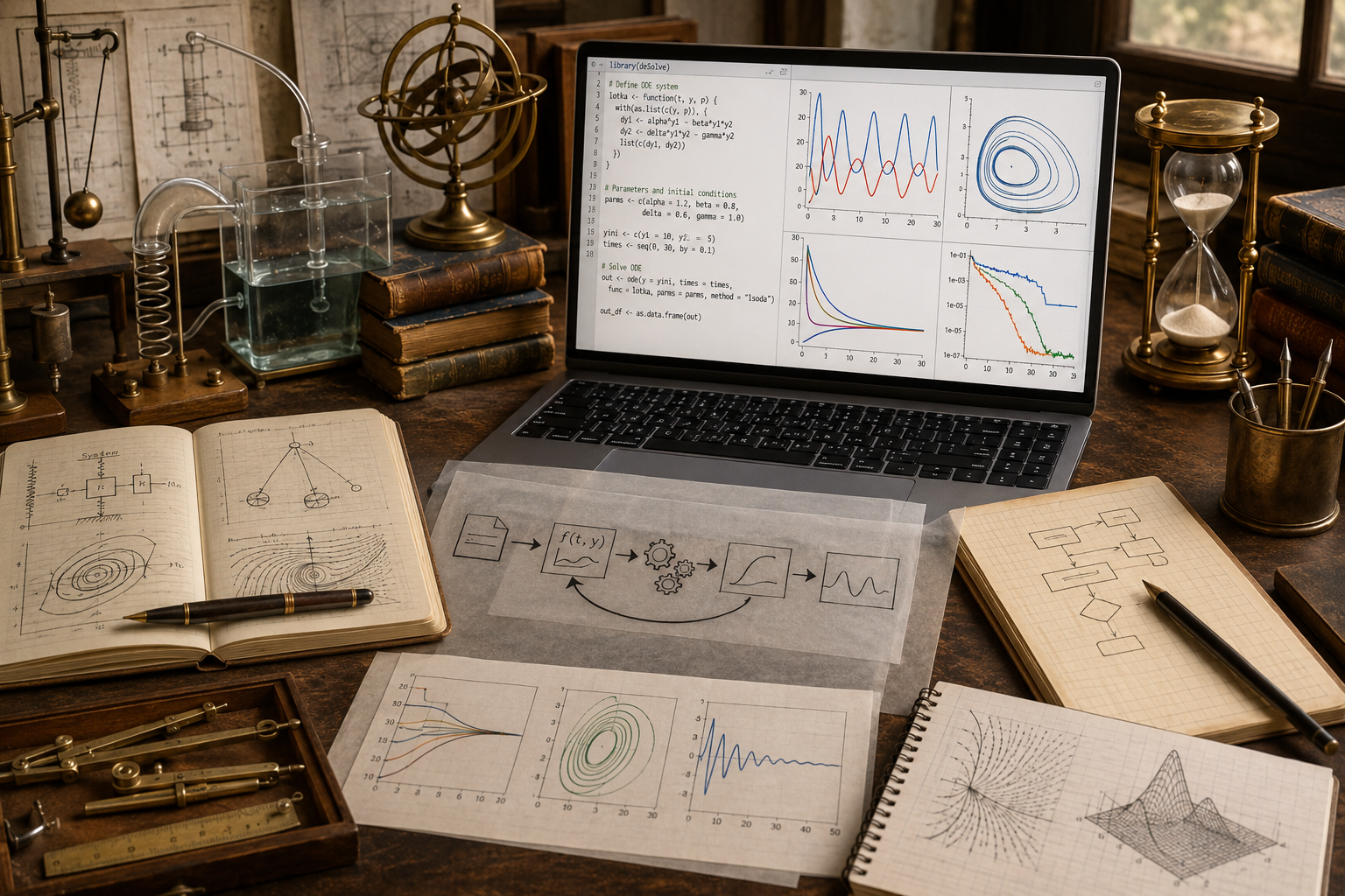 Editorial mathematical illustration of ordinary differential equation solver workflows for systems modeling, showing state variables, rate equations, solver controls, time steps, tolerance settings, diagnostic charts, simulation outputs, notebooks, audit trails, and model review materials.