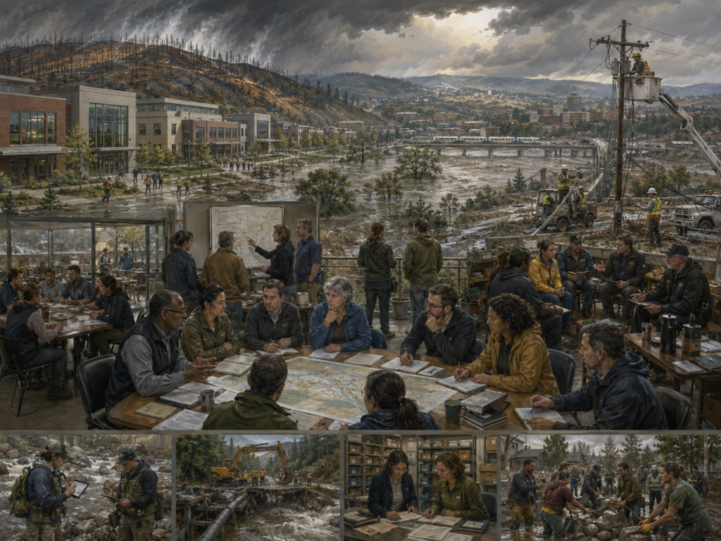 Panoramic illustration of organizational teams coordinating recovery, infrastructure repair, field operations, planning meetings, documentation, and learning after flood, storm, and wildfire disruption.