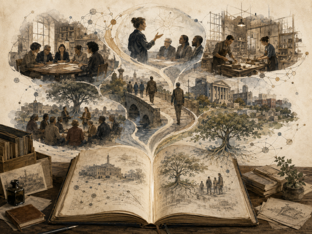 Editorial illustration of an open manuscript branching into workplace scenes, strategy discussions, workshops, civic buildings, teams, and pathways of organizational change.