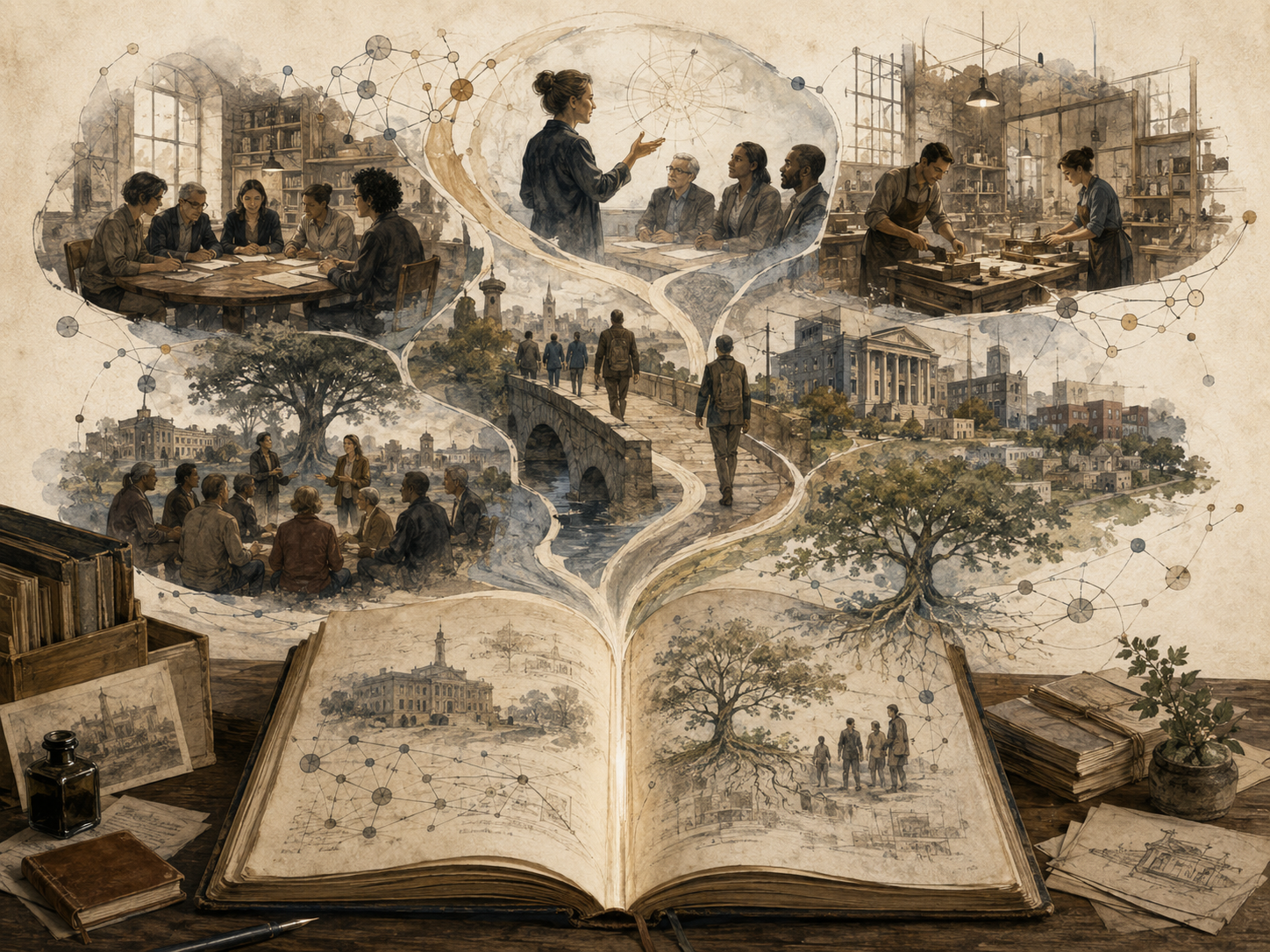 Editorial illustration of an open manuscript branching into workplace scenes, strategy discussions, workshops, civic buildings, teams, and pathways of organizational change.