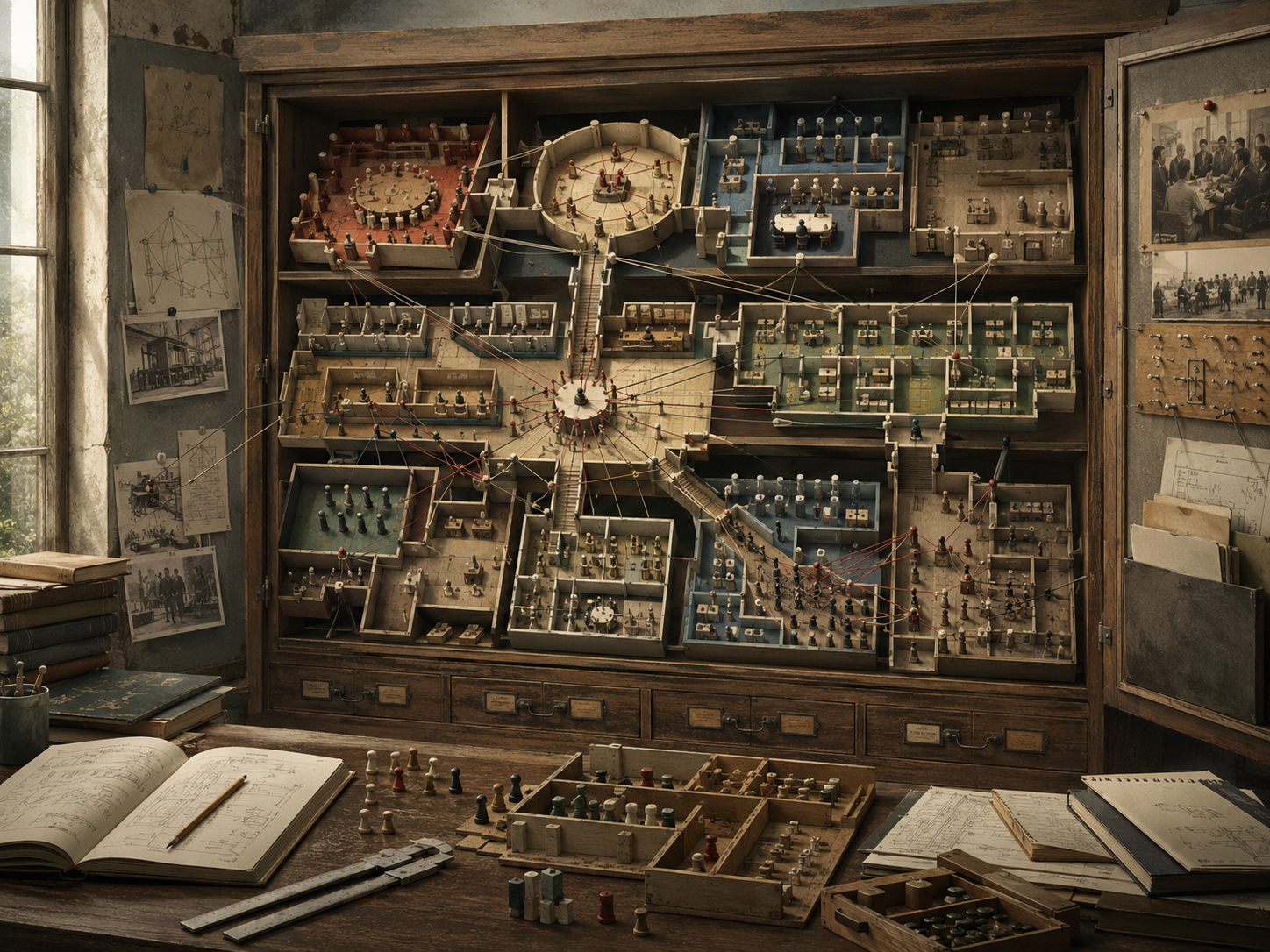 Cabinet-style organizational model showing interconnected rooms, teams, decision areas, workflows, communication lines, small figures, archival notes, and institutional research materials.