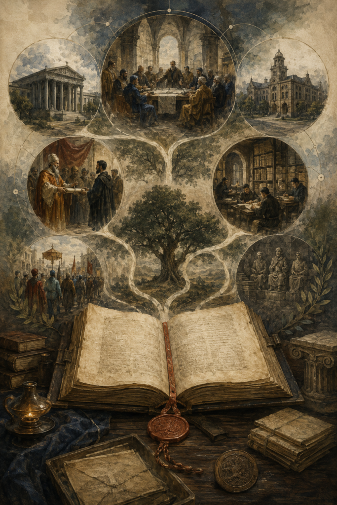 Editorial illustration of an open archival manuscript branching into scenes of founding councils, institutional buildings, ceremonies, archives, public processions, and historical memory.