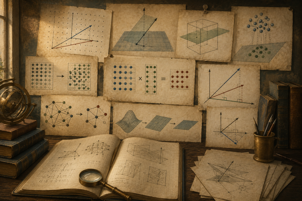 Vintage mathematical study with parchment diagrams of perpendicular vectors, projections, matrix-like arrays, network simplification, geometric planes, books, and drafting tools.