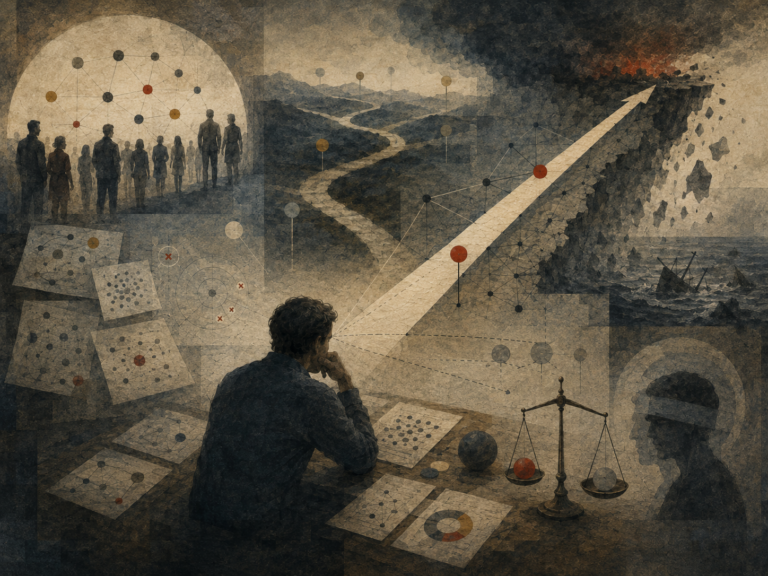 Painterly editorial illustration of overconfidence and decision failure with a reflective analyst, an overextended rising path, fractured outcomes, risk markers, tradeoff scales, evidence fragments, and uncertainty networks.