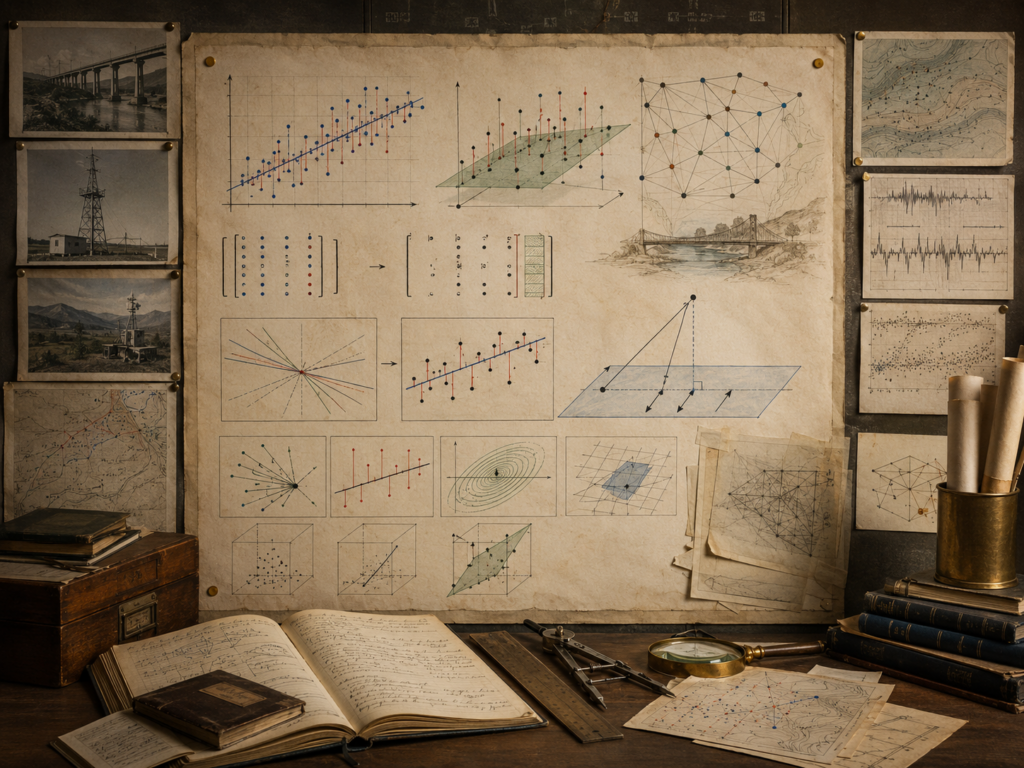 Vintage systems-modeling workspace with scatterplots, fitted lines, residual arrows, projection geometry, matrix blocks, monitoring maps, notebooks, and drafting tools.