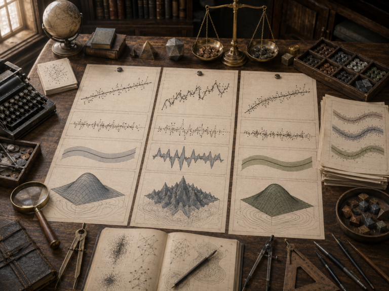 Editorial illustration of a scholarly modeling desk comparing underfit, overfit, and well-generalized models through fitted curves, residual patterns, uncertainty bands, and surface diagrams.