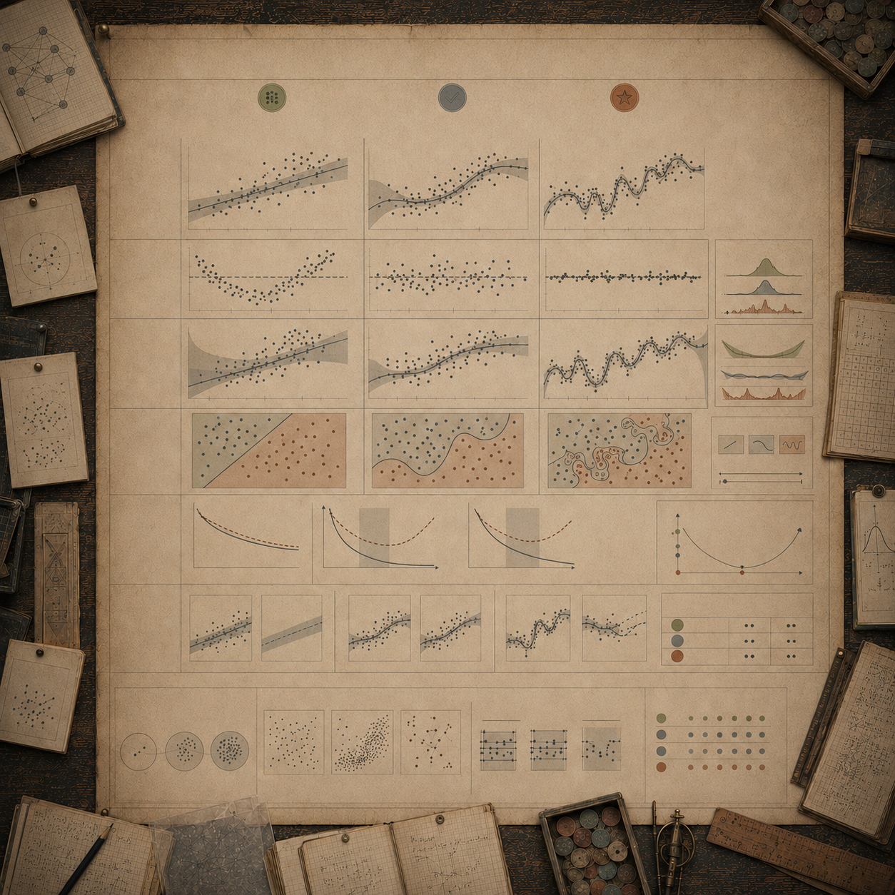 A restrained scholarly illustration of a vintage machine-learning analysis workspace with model-fit curves, residual plots, decision boundaries, error diagrams, comparison panels, notebooks, rulers, and archival tools representing overfitting, underfitting, and model error.