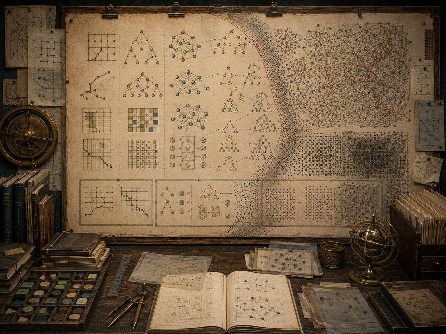 A restrained scholarly illustration of a vintage mathematical workspace with a large parchment board showing manageable paths, structured trees, verification-like diagrams, dense networks, and crowded search spaces representing P, NP, and the boundaries of efficient computation.