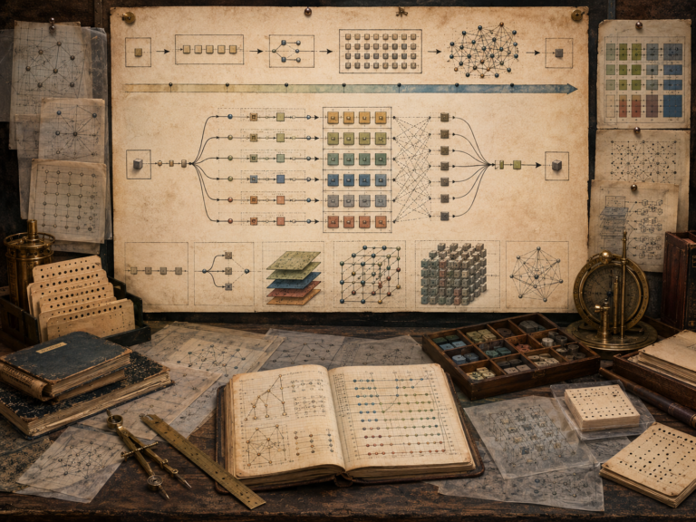 A restrained scholarly illustration of a vintage systems design workspace with parallel processing lanes, distributed network diagrams, clustered modules, layered grids, notebooks, punched cards, rulers, and archival tools representing computational scale.