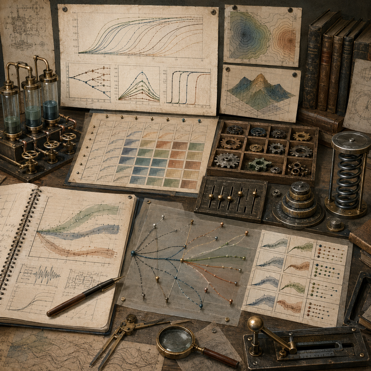 Vintage engineering and systems modeling workspace with parameter sweep charts, sensitivity curves, contour maps, surface plots, control sliders, gears, notebooks, and drafting tools representing sensitivity analysis.