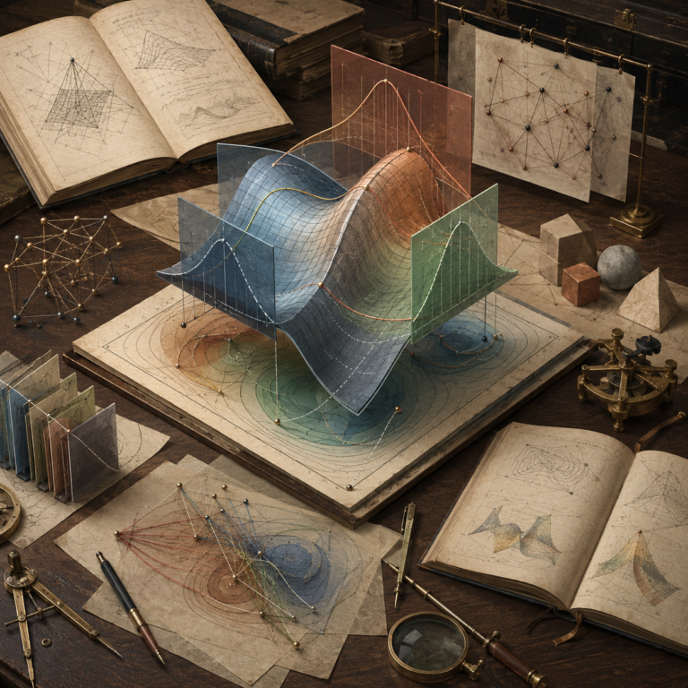 Editorial mathematical illustration of partial derivatives and interaction effects in systems modeling, showing multivariable surfaces, tangent slices, contour maps, interaction grids, derivative notes, notebooks, and computational modeling materials.