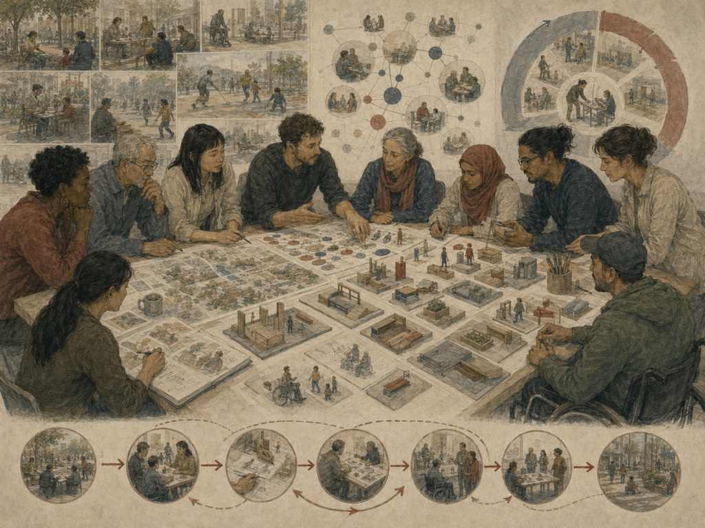 Community members, designers, and researchers collaborate around a large table with maps, prototype models, experience scenes, and feedback pathways.