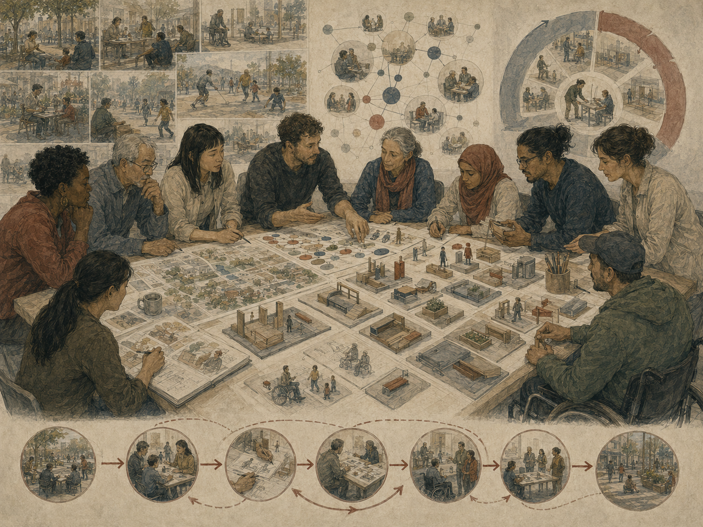 Community members, designers, and researchers collaborate around a large table with maps, prototype models, experience scenes, and feedback pathways.