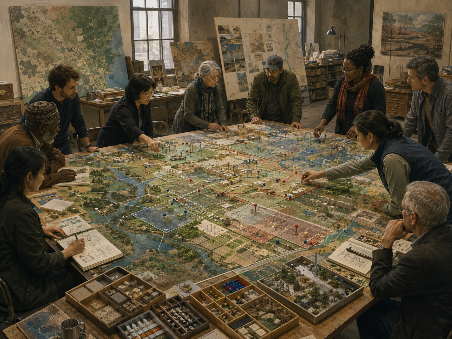 Diverse group of stakeholders gathered around a large regional systems model with maps, waterways, infrastructure, land-use zones, movable markers, strings, and planning materials.