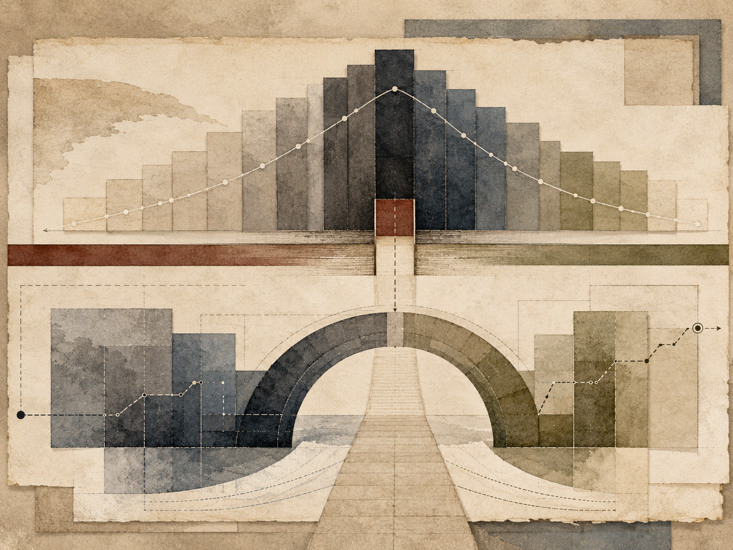 Abstract institutional illustration of geometric pathways, rising and falling tension curves, transitional bridge forms, layered panels, and connected sequence lines representing persuasive transformation frameworks.