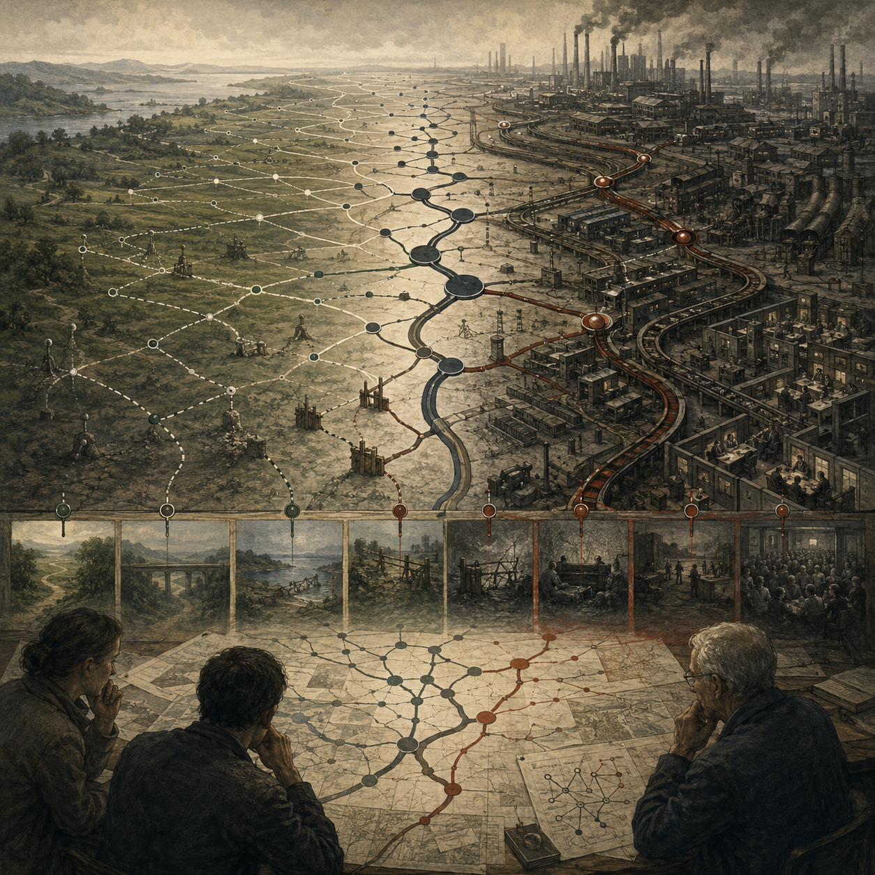 Painterly editorial illustration of path dependence and lock-in with analysts studying branching routes, industrial systems, constrained pathways, institutional choices, and diverging long-term futures.