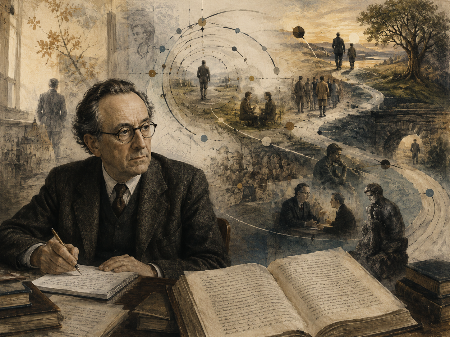 Editorial illustration of a philosopher seated at a desk with manuscripts, surrounded by layered scenes of memory, life paths, reflection, and unfolding narrative time.