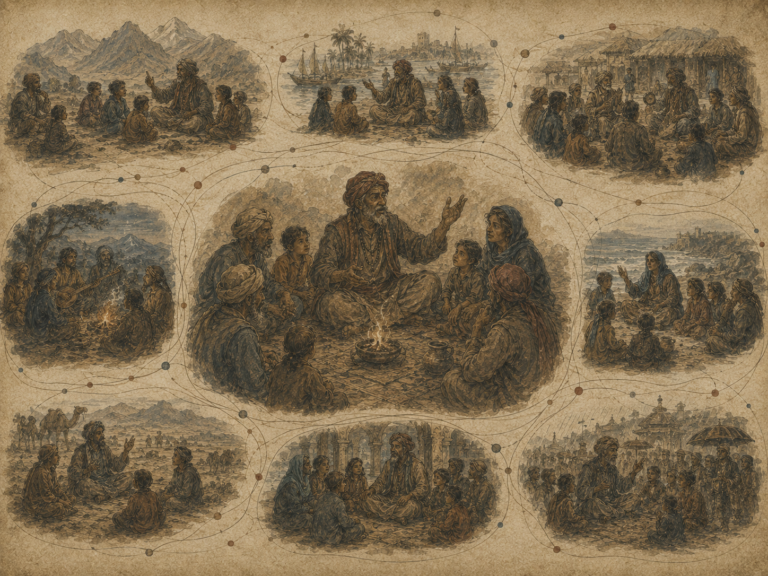 Editorial illustration of a central oral storyteller surrounded by multiple storytelling gatherings across different landscapes, communities, and generations.