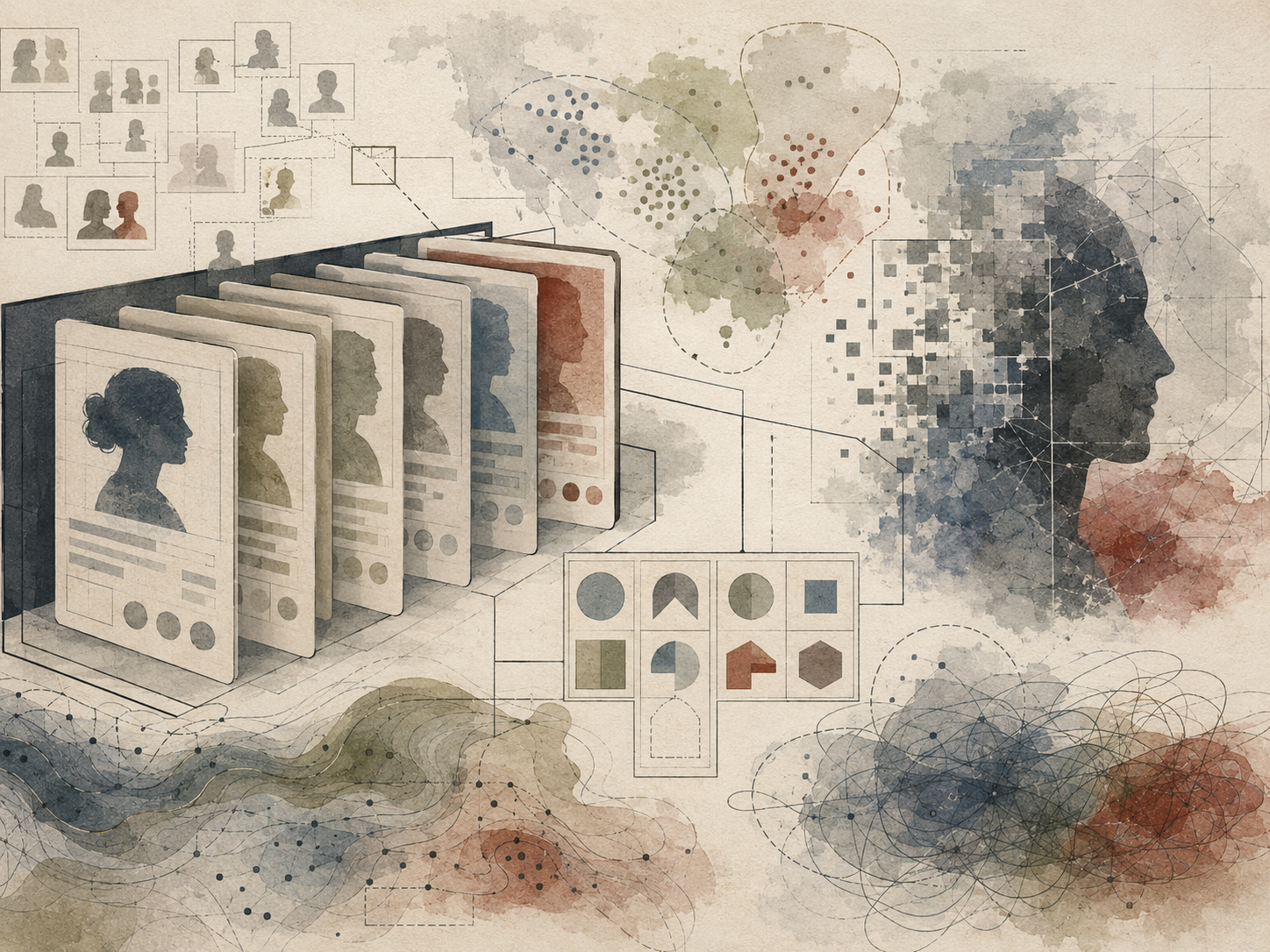 bstract institutional illustration of persona cards, audience silhouettes, segmentation maps, data clusters, and blurred profile structures representing the usefulness and limits of persona frameworks.