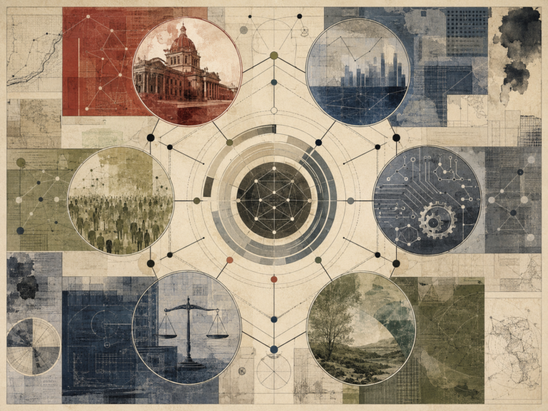 Abstract institutional illustration of external-environment analysis with six connected domains surrounding a central systems map, including political, economic, social, technological, legal, and environmental forces.