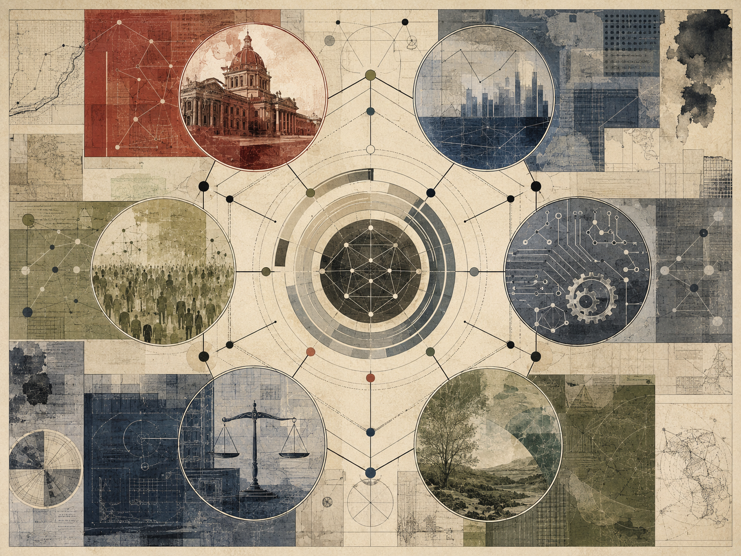 Abstract institutional illustration of external-environment analysis with six connected domains surrounding a central systems map, including political, economic, social, technological, legal, and environmental forces.