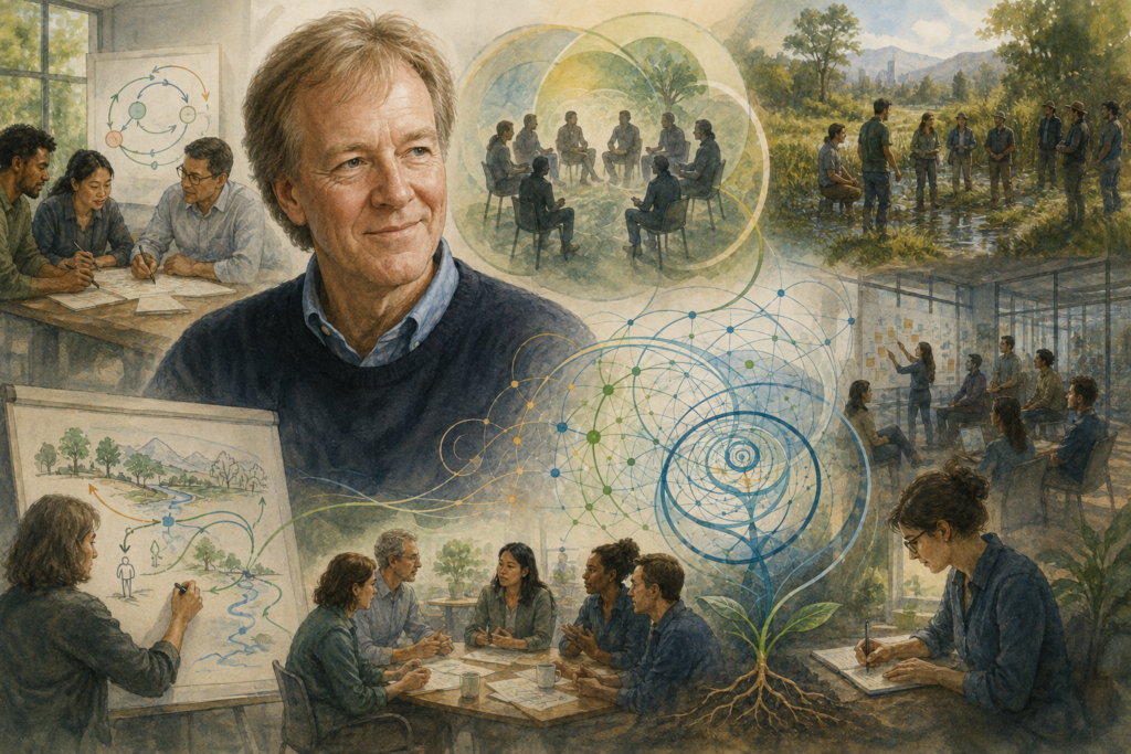 Scholarly editorial illustration of Peter Senge-inspired organizational learning, showing collaborative teams, systems diagrams, dialogue circles, field learning, ecological settings, and feedback networks.