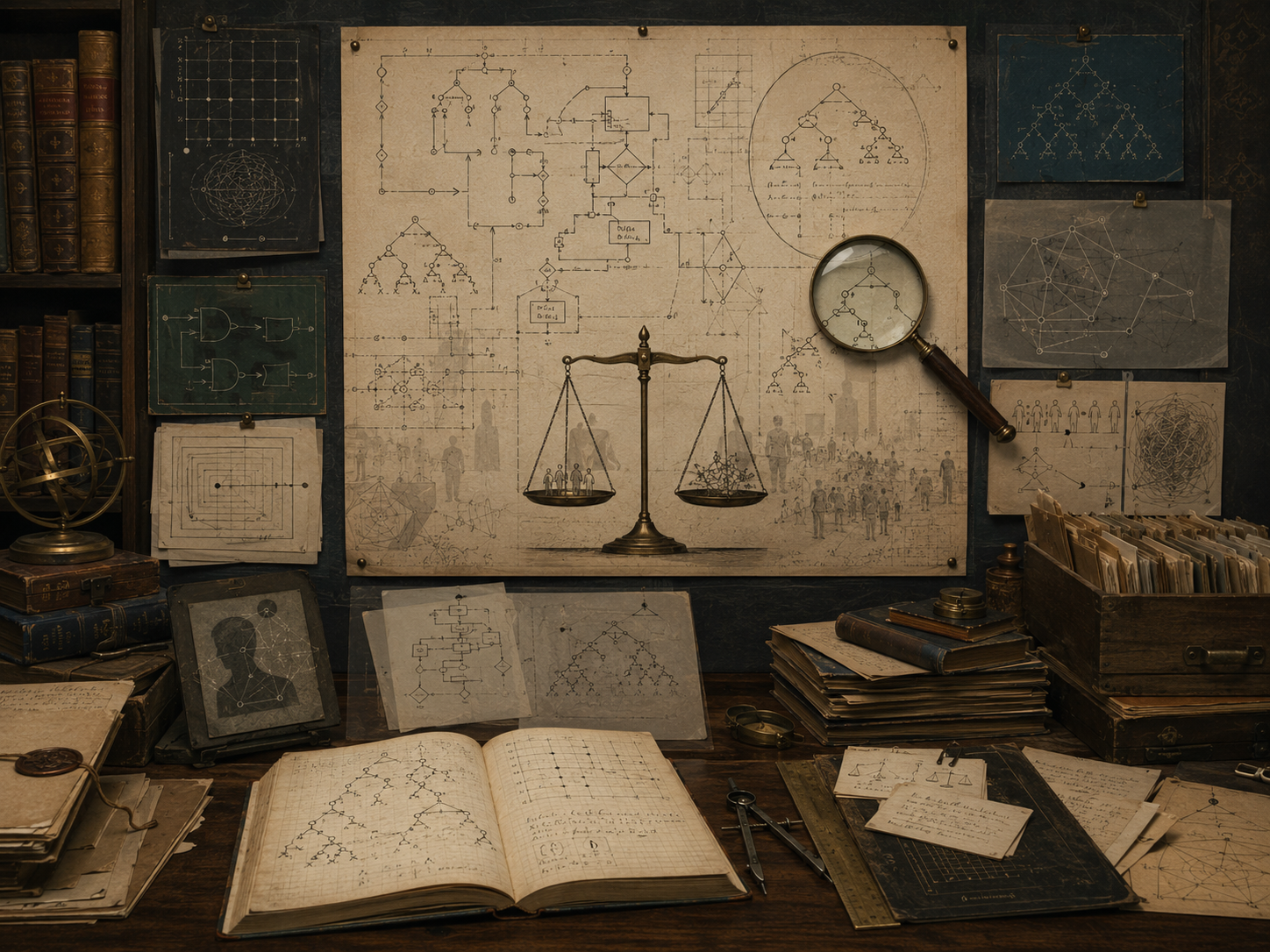 A restrained scholarly illustration of a philosophical computation archive with formal diagrams, decision trees, proof structures, balance scales, magnifying glass, notebooks, books, and transparent overlays representing algorithms as objects of philosophical inquiry.