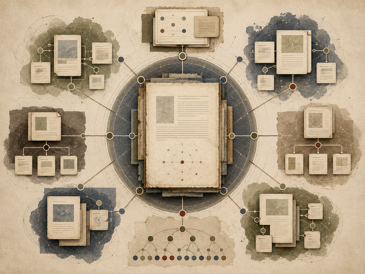 Abstract institutional illustration of a central pillar document connected to surrounding topic clusters, smaller pages, hierarchy diagrams, and network pathways.