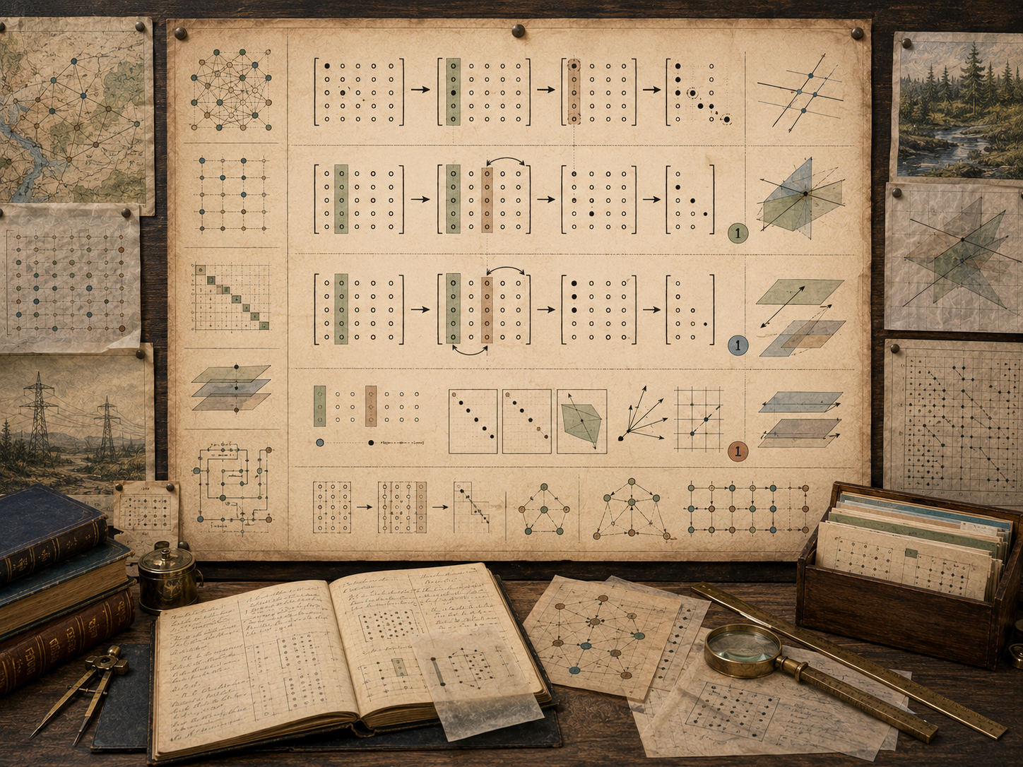 Vintage mathematical workspace with row-reduction diagrams, highlighted pivot columns, echelon patterns, solvability cases, intersecting planes, and system networks.