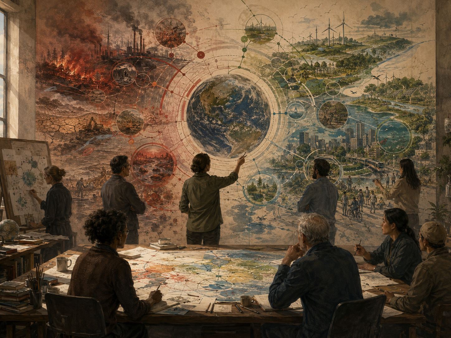 Researchers examine planetary boundaries and future pathways across climate stress, ecological degradation, renewable systems, cities, agriculture, and restored landscapes.